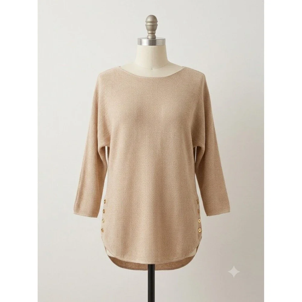 ​Michael Kors Womens XL Beige Beige Waffle Knit Tunic Sweater Gold Side Buttons